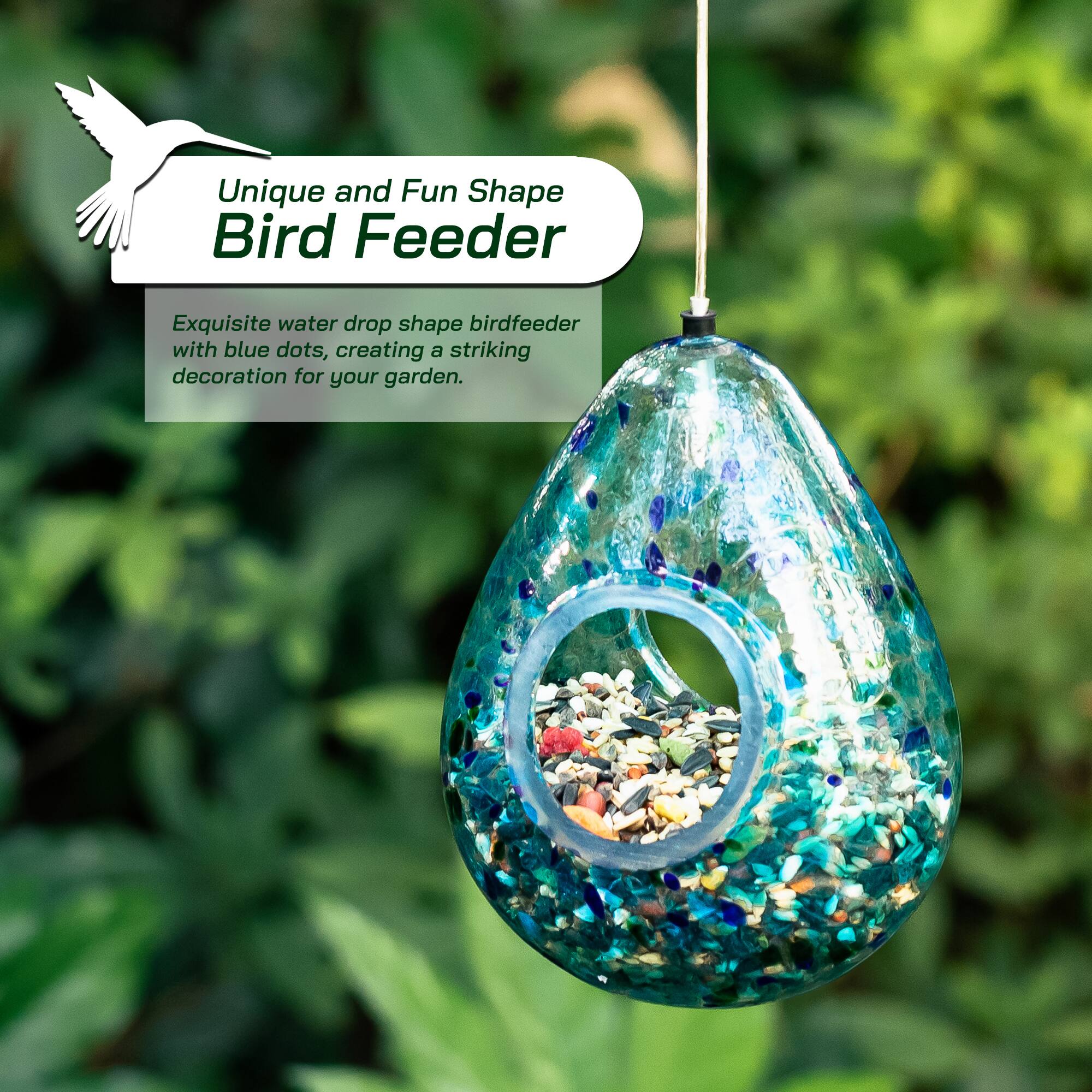 Glitzhome® 6.75" Blue Dots Glass Water Drop Hanging Bird Feeder